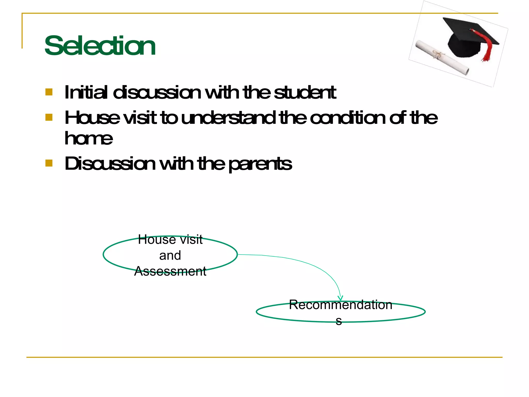Selection Initial discussion with the student House visit to understand the condition of the home  Discussion with the parents House visit and Assessment Recommendations  