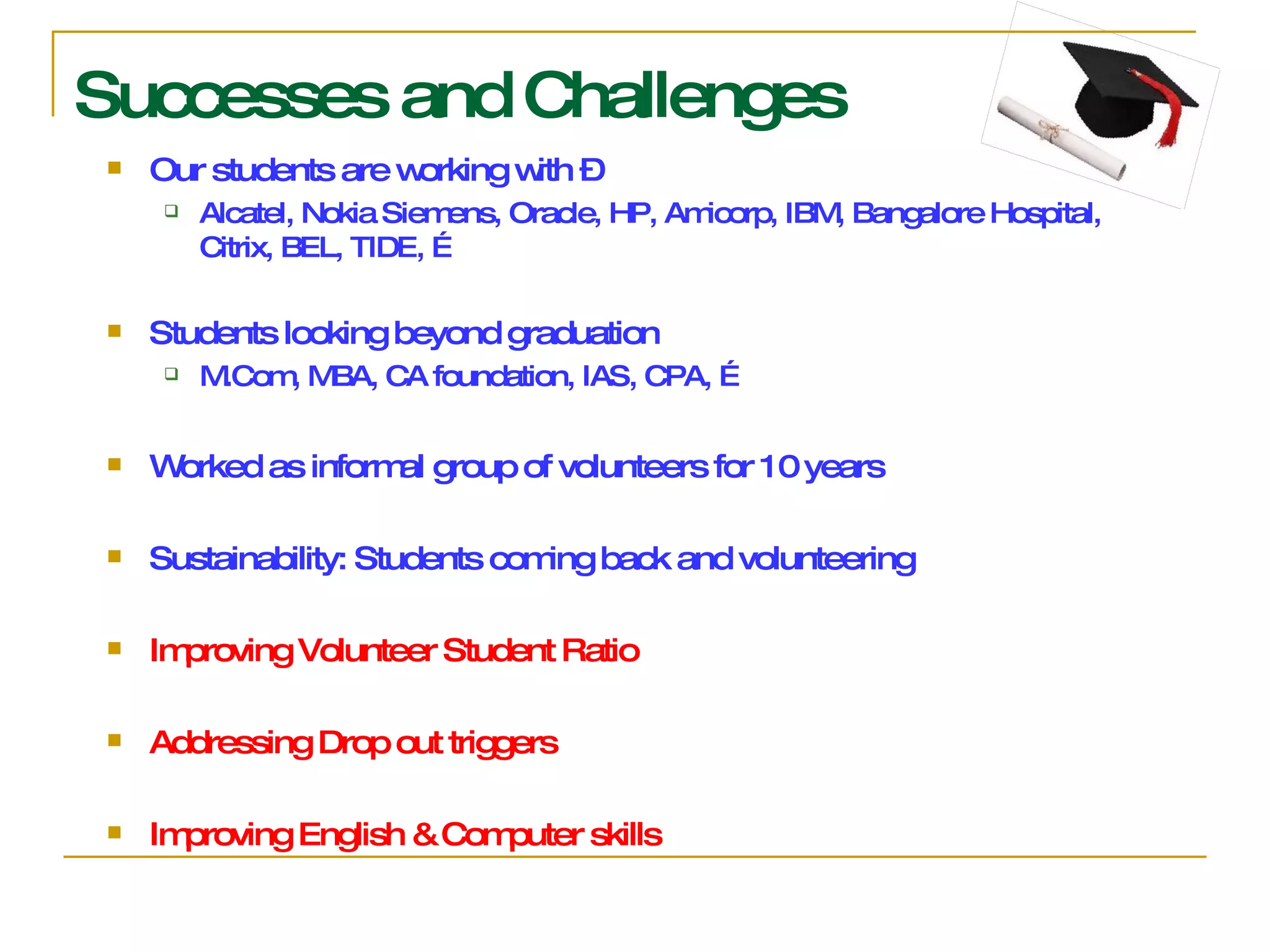 Successes and Challenges Our students are working with –  Alcatel, Nokia Siemens, Oracle, HP, Amicorp, IBM, Bangalore Hospital, Citrix, BEL, TIDE, … Students looking beyond graduation M.Com, MBA, CA foundation, IAS, CPA, …  Worked as informal group of volunteers for 10 years Sustainability: Students coming back and volunteering Improving Volunteer Student Ratio Addressing Drop out triggers Improving English & Computer skills 