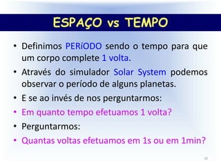 Espaço x Tempo
• Definimos PERíODO sendo o tempo para que
um corpo complete 1 volta.
• Através do simulador Solar System podemos
observar o período de alguns planetas.
• E se ao invés de nos perguntarmos:
• Em quanto tempo efetuamos 1 volta?
• Perguntarmos:
• Quantas voltas efetuamos em 1s ou em 1min?
10
ESPAÇO vs TEMPO
 