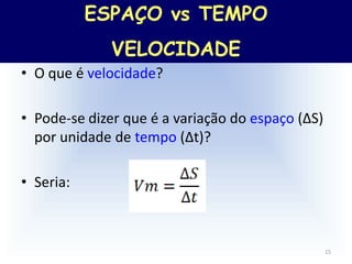 Espaço x Tempo: Velocidade
• O que é velocidade?
• Pode-se dizer que é a variação do espaço (∆S)
por unidade de tempo (∆t)?
• Seria:
15
ESPAÇO vs TEMPO
VELOCIDADE
 
