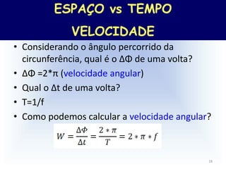 • Considerando o ângulo percorrido da
circunferência, qual é o ∆Φ de uma volta?
• ∆Φ =2*π (velocidade angular)
• Qual o ∆t de uma volta?
• T=1/f
• Como podemos calcular a velocidade angular?
18
ESPAÇO vs TEMPO
VELOCIDADE
 