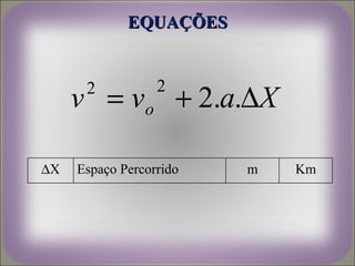 EQUAÇÕES


                  2
     v = vo + 2.a.∆X
      2



∆X   Espaço Percorrido   m   Km
 