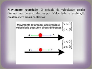 Movimento retardado- O módulo da velocidade escalar
diminui no decurso do tempo. Velocidade e aceleração
escalares têm sinais contrários.
 
