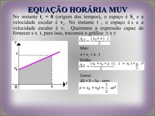 EQUAÇÃO HORÁRIA MUV
No instante to = 0 (origem dos tempos), o espaço é So e a
velocidade escalar é vo. No instante t , o espaço é s e a
velocidade escalar é v. Queremos a expressão capaz de
fornecer s x t, para isso, tracemos o gráfico v x t:

                             Mas:
                             v = vo + a . t
                             Então:


                             Como:
                             ∆S = S – So , vem:
 