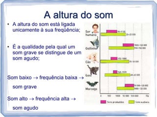 A altura do som
• A altura do som está ligada
  unicamente à sua freqüência;


• É a qualidade pela qual um
  som grave se distingue de um
  som agudo;


Som baixo     frequência baixa
  som grave

Som alto    frequência alta
  som agudo
 