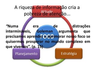 A riqueza de informação cria a
pobreza de atenção...
“Numa era de distrações
intermináveis, Goleman argumenta que
precisamos aprender a aprimorar nosso foco se
quisermos prosperar no mundo complexo em
que vivemos”. (p. 15)
 