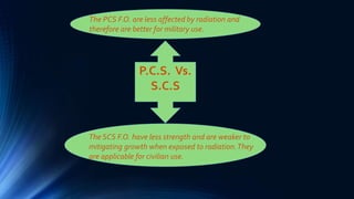 P.C.S. Vs.
S.C.S
The SCS F.O. have less strength and are weaker to
mitigating growth when exposed to radiation.They
are applicable for civilian use.
The PCS F.O. are less affected by radiation and
therefore are better for military use.
 