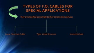 TYPES OF F.O. CABLES FOR
SPECIAL APPLICATIONS
They are classified accordingly to their construction and uses
Loose StructureCable Tight Cable Structure ArmoredCable
 