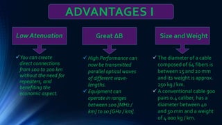 ADVANTAGES I
You can create
direct connections
from 100 to 200 km
without the need for
repeaters, and
benefiting the
economic aspect.
Low Atenuation Great ∆B
 High Performance can
now be transmitted
parallel optical waves
of different wave-
lengths.
 Equipment can
operate in ranges
between 100 [MHz /
km] to 10 [GHz / km].
Size and Weight
 The diameter of a cable
composed of 64 fibers is
between 15 and 20 mm
and its weight is approx.
250 kg / km.
 A conventional cable 900
pairs 0.4 caliber, has a
diameter between 40
and 50 mm and a weight
of 4 000 kg / km.
 