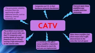 CATV
Companies use F.O. in their
backbone networks (backbones)They give greater reliability
and gives them the
opportunity to offer
additional services, such as
telephony, internet
connection, etc.
The problem occurred with
the use of coaxial cable was
thatTV companies used
analog signals of very high
frequency (up to 1 [GHz]),
causing a high attenuation
on the coaxial cable.
To counteract this effect
many amplifiers (repeaters)
that allowed to reach the
end user are implemented.
Often these amplifiers fail
which means that traffic
(downstream) to the
subscriber lost all signal.
Find and repair these
amplifiers was
complex and time
consuming.
 