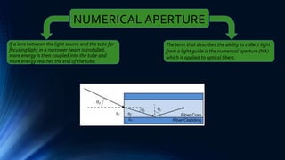 NUMERICAL APERTURE
If a lens between the light source and the tube for
focusing light in a narrower beam is installed.
more energy is then coupled into the tube and
more energy reaches the end of the tube.
The term that describes the ability to collect light
from a light guide is the numerical aperture (NA)
which is applied to optical fibers.
 
