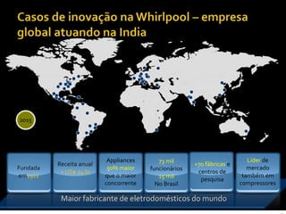 Maior fabricante de eletrodomésticos do mundo
2015
Fundada
em1911
Receita anual
+ US$ 24 bi
73 mil
funcionários
15 mil
No Brasil
+70 fábricas e
centros de
pesquisa
Appliances
50% maior
que o maior
concorrente
Líder de
mercado
também em
compressores
 