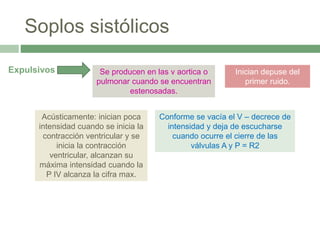 Soplos sistólicos
Expulsivos Se producen en las v aortica o
pulmonar cuando se encuentran
estenosadas.
Inician depuse del
primer ruido.
Acústicamente: inician poca
intensidad cuando se inicia la
contracción ventricular y se
inicia la contracción
ventricular, alcanzan su
máxima intensidad cuando la
P IV alcanza la cifra max.
Conforme se vacía el V – decrece de
intensidad y deja de escucharse
cuando ocurre el cierre de las
válvulas A y P = R2
 