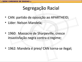 Segregação Racial
• CAN: partido de oposição ao APARTHEID;
• Líder: Nelson Mandela;
• 1960: Massacre de Sharpeville, cresce
insastisfação negra contra o regime;
• 1962: Mandela é preo/ CAN torna-se ilegal;
 