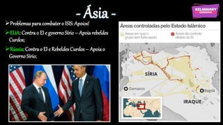 - Ásia -
Problemas para combater o ISIS: Apoios!
EUA: Contra o EI e governo Sírio – Apoia rebeldes
Curdos;
Rússia: Contra o EI e Rebeldes Curdos – Apoia o
Governo Sírio;
 