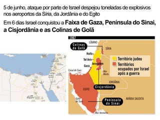5de junho, ataque por parte de Israel despejou toneladas de explosivos
nos aeroportos da Síria, da Jordânia e do Egito
Em 6dias Israel conquistou a Faixa de Gaza, Península do Sinai,
a Cisjordânia e as Colinas de Golã
 