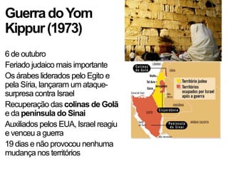 GuerradoYom
Kippur(1973)
6 de outubro
Feriado judaico mais importante
Os árabes liderados pelo Egito e
pela Síria, lançaram um ataque-
surpresa contra Israel
Recuperação das colinas de Golã
e da península do Sinai
Auxiliados pelos EUA, Israel reagiu
e venceu a guerra
19 dias e não provocou nenhuma
mudança nos territórios
 