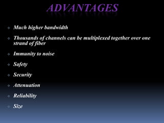 ADVANTAGES
   Much higher bandwidth
   Thousands of channels can be multiplexed together over one
    strand of fiber
   Immunity to noise
   Safety
   Security
   Attenuation
   Reliability
   Size
 