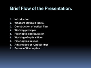 Brief Flow of the Presentation.

1.   Introduction
2.   What are Optical Fibers?
3.   Construction of optical fiber
4.   Working principle
5.   Fiber optic configuration
6.   Working of optical fiber
7.   Fiber optics in uses
8.   Advantages of Optical fiber
9.   Future of fiber optics
 