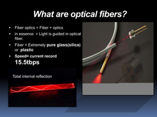 What are optical fibers?
    Fiber optics = Fiber + optics
    in essence = Light is guided in optical
     fiber.
    Fiber = Extremely pure glass(silica)
     or plastic
    Speed= current record
     15.5tbps

    Total internal reflection
 