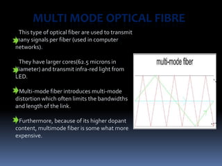 MULTI MODE OPTICAL FIBRE
 This type of optical fiber are used to transmit
many signals per fiber (used in computer
networks).

 They have larger cores(62.5 microns in
diameter) and transmit infra-red light from
LED.

 Multi-mode fiber introduces multi-mode
distortion which often limits the bandwidths
and length of the link.

 Furthermore, because of its higher dopant
content, multimode fiber is some what more
expensive.
 