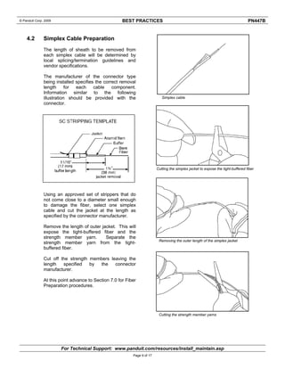 © Panduit Corp. 2009 BEST PRACTICES PN447B 
For Technical Support: www.panduit.com/resources/install_maintain.asp 
Page 9 of 17 
Cutting the simplex jacket to expose the tight-buffered fiber 
Cutting the strength member yarns 
4.2 Simplex Cable Preparation 
The length of sheath to be removed from 
each simplex cable will be determined by 
local splicing/termination guidelines and 
vendor specifications. 
The manufacturer of the connector type 
being installed specifies the correct removal 
length for each cable component. 
Information similar to the following 
illustration should be provided with the 
connector. 
Using an approved set of strippers that do 
not come close to a diameter small enough 
to damage the fiber, select one simplex 
cable and cut the jacket at the length as 
specified by the connector manufacturer. 
Remove the length of outer jacket. This will 
expose the tight-buffered fiber and the 
strength member yarn. Separate the 
strength member yarn from the tight-buffered 
fiber. 
Cut off the strength members leaving the 
length specified by the connector 
manufacturer. 
At this point advance to Section 7.0 for Fiber 
Preparation procedures. 
Simplex cable 
Removing the outer length of the simplex jacket 
 