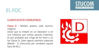 EL FOC
CLASSIFICACIÓ DE COMBUSTIBLES
Classe D - Metalls: potassi, sodi, alumini,
magnesi.
Llevat que es treballi en un laboratori o en
una indústria que utilitza aquests materials,
és poc probable que s'hagi de fer front a un
foc Classe D. Calen agents extintors especials
(Metall - X, d'escuma) per combatre aquest
tipus de foc.)
 
