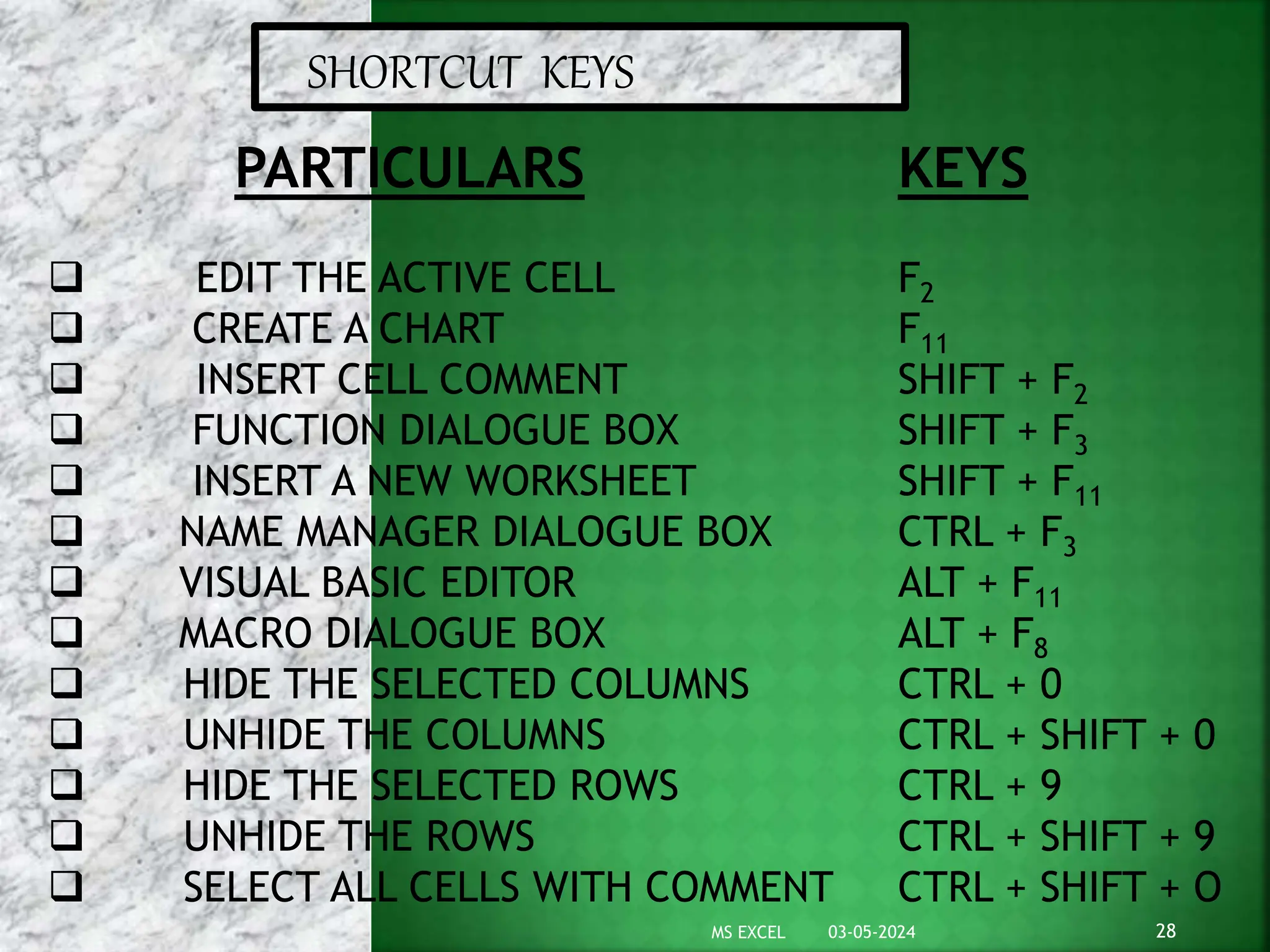 SHORTCUT KEYS
PARTICULARS
 EDIT THE ACTIVE CELL
 CREATE A CHART
 INSERT CELL COMMENT
 FUNCTION DIALOGUE BOX
 INSERT A NEW WORKSHEET
 NAME MANAGER DIALOGUE BOX
 VISUAL BASIC EDITOR
 MACRO DIALOGUE BOX
 HIDE THE SELECTED COLUMNS
 UNHIDE THE COLUMNS
 HIDE THE SELECTED ROWS
 UNHIDE THE ROWS
 SELECT ALL CELLS WITH COMMENT
KEYS
F2
F11
SHIFT + F2
SHIFT + F3
SHIFT + F11
CTRL + F3
ALT + F11
ALT + F8
CTRL + 0
CTRL + SHIFT + 0
CTRL + 9
CTRL + SHIFT + 9
CTRL + SHIFT + O
03-05-2024 28
MS EXCEL
 