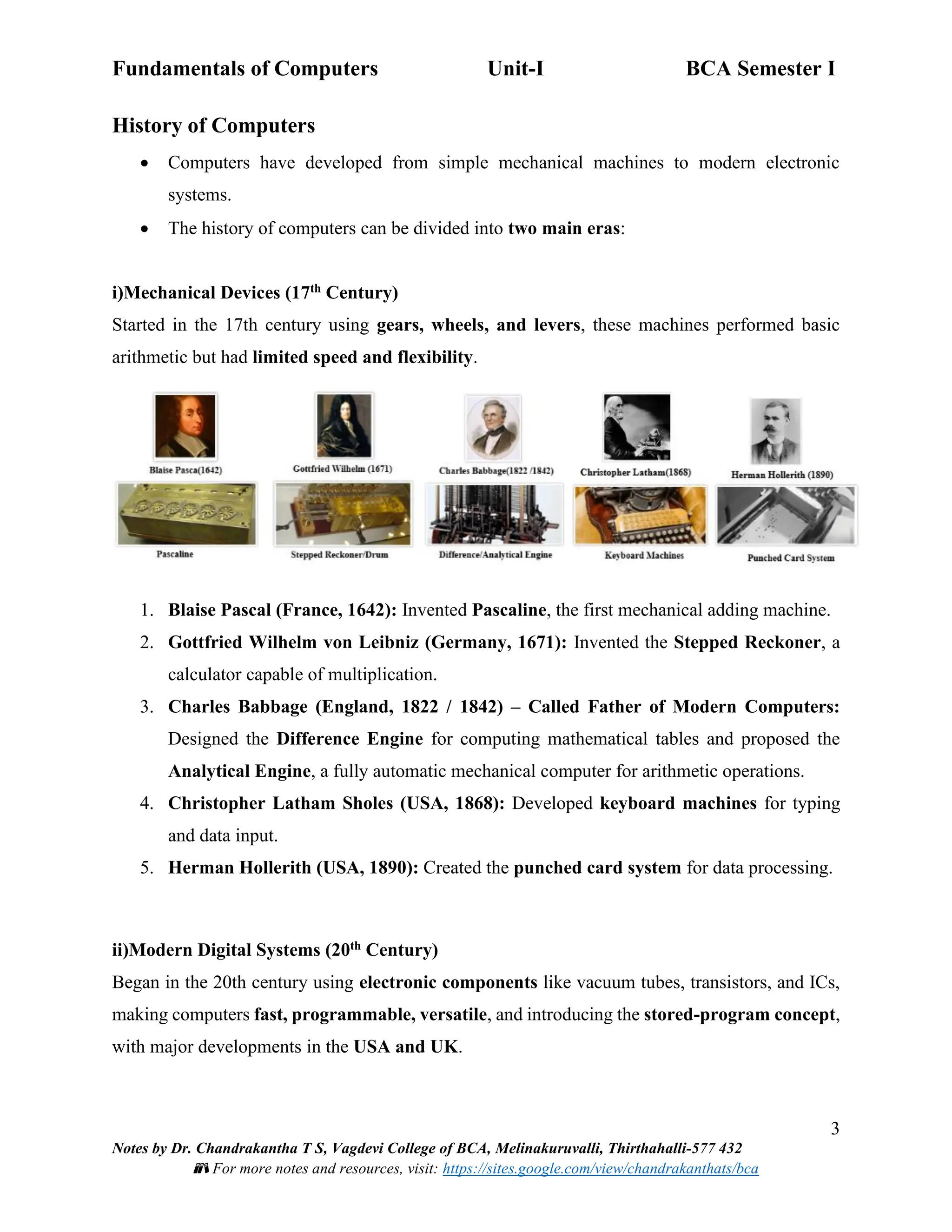 Fundamentals of Computers Unit-I BCA Semester I
3
Notes by Dr. Chandrakantha T S, Vagdevi College of BCA, Melinakuruvalli, Thirthahalli-577 432
📚 For more notes and resources, visit: https://sites.google.com/view/chandrakanthats/bca
History of Computers
• Computers have developed from simple mechanical machines to modern electronic
systems.
• The history of computers can be divided into two main eras:
i)Mechanical Devices (17th Century)
Started in the 17th century using gears, wheels, and levers, these machines performed basic
arithmetic but had limited speed and flexibility.
1. Blaise Pascal (France, 1642): Invented Pascaline, the first mechanical adding machine.
2. Gottfried Wilhelm von Leibniz (Germany, 1671): Invented the Stepped Reckoner, a
calculator capable of multiplication.
3. Charles Babbage (England, 1822 / 1842) – Called Father of Modern Computers:
Designed the Difference Engine for computing mathematical tables and proposed the
Analytical Engine, a fully automatic mechanical computer for arithmetic operations.
4. Christopher Latham Sholes (USA, 1868): Developed keyboard machines for typing
and data input.
5. Herman Hollerith (USA, 1890): Created the punched card system for data processing.
ii)Modern Digital Systems (20th Century)
Began in the 20th century using electronic components like vacuum tubes, transistors, and ICs,
making computers fast, programmable, versatile, and introducing the stored-program concept,
with major developments in the USA and UK.
 