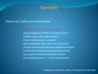 Tarjetas de Crédito para universitarios
II. Introducción al tema (15 minutos)
¿tienen tarjeta de crédito? ¿Quiénes tienen?
¿Cuáles tarjetas de crédito tienen?
¿cómo la obtuvieron….cuándo?
¿qué tarjeta usan más? ¿por qué? ¿para qué?
¿es fácil que los universitarios tengan una tarjeta?
¿es más fácil obtener unas tarjetas que otras?
¿qué opinan sobre las tarjetas de crédito?
¿qué opinaban antes …. y qué opinan ahora?
Adaptado de: Mc Daniel y Gates: “Investigación de Mercados”
 