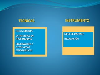 TECNICAS
FOCUS GROUPS
ENTREVISTAS EN
PROFUNDIDAD
OBSERVACIÓN /
ENTREVISTAS
ETNOGRÁFICAS
GUÍA DE PAUTAS/
INDAGACIÓN
INSTRUMENTO
 