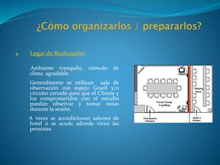 4. Lugar de Realización:
Ambiente tranquilo, cómodo de
clima agradable.
Generalmente se utilizan sala de
observación con espejo Gesell y/o
circuito cerrado para que el Cliente y
los comprometidos con el estudio
puedan observar y tomar notas
durante la sesión.
A veces se acondicionan salones de
hotel o se acude adonde viven las
personas.
 