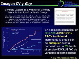 Imagen CV y  Gap N Engl J Med 2008;358:1336-45 . En población caucásica, un  CS >100   JUNTO CON FRCV tradicional  incrementó la predicción de  cualquier  evento coronario en un  5%  frente al empleo  EXCLUSIVO  de variables epidemiológicas 
