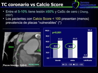 TC coronario vs Calcio Score Entre el  5-10%  tiene lesión  ≥50%  y CaSc de cero  ( Cheng, 2007) Los pacientes con  Calcio Score < 100  presentan (menos) prevalencia de placas “vulnerables” (*) HCSC/2008 Placas blandas. CaS=0 p<0,001 
