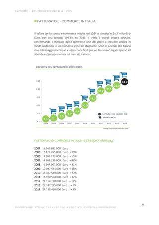 Il valore del fatturato e-commerce in Italia nel 2014 è stimato in 24,2 miliardi di
Euro, con una crescita dell’8% sul 2013. Il trend è quindi ancora positivo,
confermando il mercato dell’e-commerce uno dei pochi a crescere ancora in
modo sostenuto in un’economia generale stagnante. Sono le aziende che hanno
investito maggiormente ad essere cresciute di più, un fenomeno legato spesso ad
aziende estere posizionate sul mercato italiano.
2004: 1.645.683.000 Euro
2005: 2.123.495.000 Euro + 29%
2006: 3.286.223.000 Euro + 55%
2007: 4.868.336.000 Euro + 48%
2008: 6.364.907.000 Euro + 31%
2009: 10.037.544.000 Euro + 58%
2010: 14.357.589.000 Euro + 43%
2011: 18.970.504.000 Euro + 32%
2012: 21.154.120.000 Euro + 12%
2013: 22.337.275.000 Euro + 6%
2014: 24.188.468.000 Euro + 8%
 