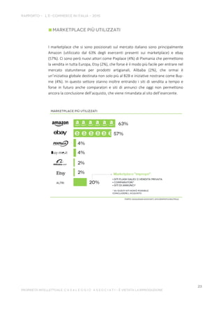 I marketplace che si sono posizionati sul mercato italiano sono principalmente
Amazon (utilizzato dal 63% degli esercenti presenti sui marketplace) e ebay
(57%). Ci sono però nuovi attori come Pixplace (4%) di Pixmania che permettono
la vendita in tutta Europa, Etsy (2%), che forse è il modo più facile per entrare nel
mercato statunitense per prodotti artigianali, Alibaba (2%), che ormai è
un’iniziativa globale destinata non solo più al B2B e iniziative nostrane come Buy-
me (4%). In questo settore stanno inoltre entrando i siti di vendita a tempo e
forse in futuro anche comparatori e siti di annunci che oggi non permettono
ancora la conclusione dell’acquisto, che viene rimandata al sito dell’esercente.
 