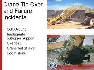 Crane Tip Over  and Failure  Incidents <ul><li>Soft Ground </li></ul><ul><li>Inadequate outrigger support </li></ul><ul><l...
