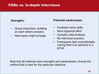 10
FGDs vs. in-depth interviews
Strengths:
• Group interaction: building
on each others answers.
• New topics might emerge.
Potential weaknesses:
• Facilitator lacks skills.
• More logistical effort.
• Complex data-analysis.
• No individual answers.
• Participants feel uncomfortable
voicing their true opinions in a
group.
Note that all methods have strengths and weaknesses; choose the
method that is best for the particular objective.
 
