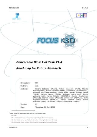 FOCUS K3D                                                                                                      D1.4.1




                Deliverable D1.4.1 of Task T1.4

                Road map for Future Research




                         Circulation:                  PU1
                         Partners:                     ALL
                         Authors:                    Chiara Catalano (IMATI), Michela Spagnuolo (IMATI), Michela
                                                  Mortara (IMATI), Bianca Falcidieno (IMATI), Andre Stork (FRAUNHOFER),
                                                  Marianne Koch (FRAUNHOFER), Pierre Alliez (INRIA), Frederic Cazals
                                                  (INRIA), Mariette Yvenec (INRIA), Wolfgang Huerst (UU), Remco
                                                  Veltkamp (UU), Marios Pitikakis (CERETETH), Caecilia Charbonnier
                                                  (MIRALab), Lazhari Assassi (MIRALab), Jinman Kim (MIRALab), Nadia
                                                  Magnenat-Thalmann (MIRALab), Patrick Salamin (EPFL), Daniel
                                                  Thalmann (EPFL), Tor Dokken (SINTEF), Ewald Quak (SINTEF)
                         Version:                      02
                         Date:                         Thursday, 01 April 2010


1
    Please indicate the dissemination level using one of the following codes:

      PU=Public

      PP=Restricted to other programme participants (including the Commission Services).

      RE= Restricted to a group specified by the Consortium (including the Commission Services).

      CO= Confidential, only for members of the Consortium (including the Commission Services).




01/04/2010                                                                                                           1
 