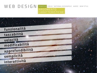 TEMATICA FOCUS NATIONAL GEOGRAPHIC WIRED NEW STYLE
ARGOMENTO
CARATTERISTICHE
funzionalità
approfondibilità
velocità
tascabilità
semplicità
interattività
modificabilità
W E B D E S I G N
 