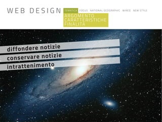 TEMATICA FOCUS NATIONAL GEOGRAPHIC WIRED NEW STYLE
ARGOMENTO
CARATTERISTICHE
FINALITA
diffondere notizie
intrattenimento
conservare notizie
W E B D E S I G N
 