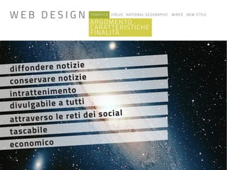TEMATICA FOCUS NATIONAL GEOGRAPHIC WIRED NEW STYLE
ARGOMENTO
CARATTERISTICHE
FINALITÁ
diffondere notizie
attraverso le reti dei social
intrattenimento
conservare notizie
tascabile
economico
divulgabile a tutti
W E B D E S I G N
 