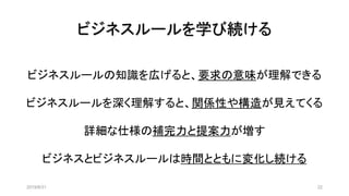 ビジネスルールを学び続ける
2019/8/31 22
ビジネスルールの知識を広げると、要求の意味が理解できる
ビジネスルールを深く理解すると、関係性や構造が見えてくる
詳細な仕様の補完力と提案力が増す
ビジネスとビジネスルールは時間とともに変化し続ける
 