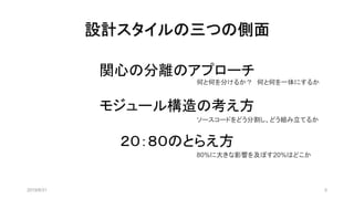 設計スタイルの三つの側面
2019/8/31 5
関心の分離のアプローチ
モジュール構造の考え方
２０：８０のとらえ方
何と何を分けるか？ 何と何を一体にするか
ソースコードをどう分割し、どう組み立てるか
80%に大きな影響を及ぼす20%はどこか
 