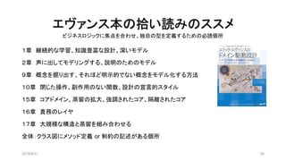 エヴァンス本の拾い読みのススメ
2019/8/31 55
１章 継続的な学習、知識豊富な設計、深いモデル
２章 声に出してモデリングする、説明のためのモデル
９章 概念を掘り出す、それほど明示的でない概念をモデル化する方法
１０章 閉じた操作、副作用のない関数、設計の宣言的スタイル
１５章 コアドメイン、蒸留の拡大、強調されたコア、隔離されたコア
１６章 責務のレイヤ
１７章 大規模な構造と蒸留を組み合わせる
全体：クラス図にメソッド定義 or 制約の記述がある個所
ビジネスロジックに焦点を合わせ、独自の型を定義するための必読個所
 