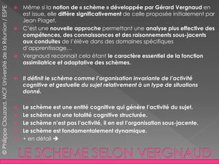  Même si la notion de « schème » développée par Gérard Vergnaud en
est issue, elle diffère significativement de celle proposée initialement par
Jean Piaget.
 C’est une nouvelle approche permettant une analyse plus effective des
compétences, des connaissances et des raisonnements sous-jacents
aux conduites de l’élève dans des domaines spécifiques
d’apprentissage…
 Vergnaud reconnait cela étant le caractère essentiel de la fonction
assimilatrice et adaptative des schèmes.
 Il définit le schème comme l’organisation invariante de l’activité
cognitive et gestuelle du sujet relativement à un type de situations
donné.
 Le schème est une entité cognitive qui génère l’activité du sujet.
 Le schème est une totalité cognitive structurée.
 Le schème n’est pas l’activité, il en est l’organisation sous-jacente.
 Le schème est fondamentalement dynamique.
 + en détail 
©PhilippeClauzard,MCFUniversitédelaRéunion/ESPE
 