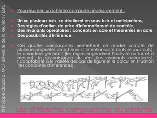  Pour résumer, un schème comporte nécessairement :
 Un ou plusieurs buts, se déclinant en sous-buts et anticipations,
 Des règles d’action, de prise d’informations et de contrôle,
 Des invariants opératoires : concepts en acte et théorèmes en acte,
 Des possibilités d’inférence.
 Ces quatre composantes permettent de rendre compte de
plusieurs propriétés du schème : l’intentionnalité (buts et sous-buts),
le caractère génératif (les règles engendrent l’activité au fur et à
mesure), la connaissance du réel (les invariants opératoires),
l’adaptabilité à la variété des cas de figure et le calcul en situation
(les possibilités d’inférences).
©PhilippeClauzard,MCFUniversitédelaRéunion/ESPE
 