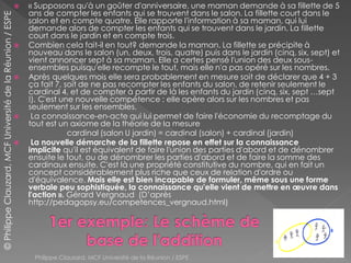 « Supposons qu'à un goûter d'anniversaire, une maman demande à sa fillette de 5
ans de compter les enfants qui se trouvent dans le salon. La fillette court dans le
salon et en compte quatre. Elle rapporte l'information à sa maman, qui lui
demande alors de compter les enfants qui se trouvent dans le jardin. La fillette
court dans le jardin et en compte trois.
 Combien cela fait-il en tout? demande la maman. La fillette se précipite à
nouveau dans le salon (un, deux, trois, quatre) puis dans le jardin (cinq, six, sept) et
vient annoncer sept à sa maman. Elle a certes pensé l'union des deux sous-
ensembles puisqu'elle recompte le tout, mais elle n'a pas opéré sur les nombres.
 Après quelques mois elle sera probablement en mesure soit de déclarer que 4 + 3
ça fait 7, soit de ne pas recompter les enfants du salon, de retenir seulement le
cardinal 4, et de compter à partir de là les enfants du jardin (cinq, six, sept …sept
!). C'est une nouvelle compétence : elle opère alors sur les nombres et pas
seulement sur les ensembles.
 La connaissance-en-acte qui lui permet de faire l'économie du recomptage du
tout est un axiome de la théorie de la mesure
cardinal (salon U jardin) = cardinal (salon) + cardinal (jardin)
 La nouvelle démarche de la fillette repose en effet sur la connaissance
implicite qu'il est équivalent de faire l'union des parties d'abord et de dénombrer
ensuite le tout, ou de dénombrer les parties d'abord et de faire la somme des
cardinaux ensuite. C'est là une propriété constitutive du nombre, qui en fait un
concept considérablement plus riche que ceux de relation d'ordre ou
d'équivalence. Mais elle est bien incapable de formuler, même sous une forme
verbale peu sophistiquée, la connaissance qu'elle vient de mettre en œuvre dans
l'action ». Gérard Vergnaud (D’après
http://pedagopsy.eu/competences_vergnaud.html)
Philippe Clauzard, MCF Université de la Réunion / ESPE
©PhilippeClauzard,MCFUniversitédelaRéunion/ESPE
 