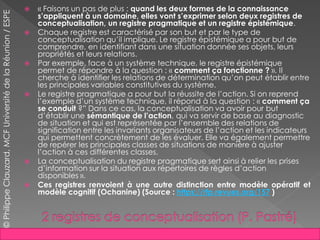  « Faisons un pas de plus : quand les deux formes de la connaissance
s’appliquent à un domaine, elles vont s’exprimer selon deux registres de
conceptualisation, un registre pragmatique et un registre épistémique.
 Chaque registre est caractérisé par son but et par le type de
conceptualisation qu’il implique. Le registre épistémique a pour but de
comprendre, en identifiant dans une situation donnée ses objets, leurs
propriétés et leurs relations.
 Par exemple, face à un système technique, le registre épistémique
permet de répondre à la question : « comment ça fonctionne ? ». Il
cherche à identifier les relations de détermination qu’on peut établir entre
les principales variables constitutives du système.
 Le registre pragmatique a pour but la réussite de l’action. Si on reprend
l’exemple d’un système technique, il répond à la question : « comment ça
se conduit ?” Dans ce cas, la conceptualisation va avoir pour but
d’établir une sémantique de l’action, qui va servir de base au diagnostic
de situation et qui est représentée par l’ensemble des relations de
signification entre les invariants organisateurs de l’action et les indicateurs
qui permettent concrètement de les évaluer. Elle va également permettre
de repérer les principales classes de situations de manière à ajuster
l’action à ces différentes classes.
 La conceptualisation du registre pragmatique sert ainsi à relier les prises
d’information sur la situation aux répertoires de règles d’action
disponibles ».
 Ces registres renvoient à une autre distinction entre modèle opératif et
modèle cognitif (Ochanine) (Source : https://rfp.revues.org/157 )
©PhilippeClauzard,MCFUniversitédelaRéunion/ESPE
 