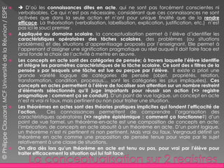   D’où les connaissances dites en acte, qui ne sont pas forcément conscientes ni
verbalisables. Ce qui n’est pas nécessaire, considérant que ces connaissances ne sont
activées que dans la seule action et n’ont pour unique finalité que de la rendre
efficace. La théorisation (verbalisation, labellisation, explication, justification, etc.) n’est
pas ici le souci premier .
 Appliquée au domaine scolaire, la conceptualisation permet à l’élève d’identifier les
caractéristiques opératoires des tâches scolaires, des problèmes (ou situations
problèmes) et des situations d’apprentissage proposés par l’enseignant. Elle permet à
l’apprenant d’assigner une signification pragmatique au réel auquel il doit faire face est
ainsi fonde le choix de l’activité à mettre en œuvre.
 Les concepts en acte sont des catégories de pensée; à travers laquelle l’élève identifie
et intègre les paramètres caractéristiques de la tâche scolaire. Ce sont des « filtres de la
pensée » par lesquels une tâche est lue ou perçue par l’élève. Il existe a priori une
grande variété logique de catégories de pensée (objet, propriétés, relation,
transformation, condition, processus… sont les catégories les plus impliquées). Ces
concepts en actes permettent à l’élève de focaliser son attention sur un nombre restreint
d’éléments sélectionnés qu’il juge importants pour réussir son action (=> registre
pragmatique : comment ça se conduit). D’un point de vue logique, un concept en acte
n’est ni vrai ni faux, mais pertinent ou non pour traiter une situation.
 Les théorèmes en actes sont des théories pratiques implicites qui fondent l’efficacité de
l’action. Ces connaissances permettent de comprendre l’organisation des
caractéristiques opératoires (=> registre épistémique : comment ça fonctionne?) d’un
point de vue formel, un théorème-en-acte est une composition de concepts en acte:
l’imbrication, de concepts en acte aboutit à un théorème en acte. D’un point logique,
un théorème n’est ni pertinent ni non pertinent. Mais vrai ou faux. Vergnaud définit un
théorème en acte comme une proposition de pensée tenue pour vraie par le sujet
relativement à une classe de situations.
 On dira dès lors qu’un théorème en acte est tenu ou pas, pour vrai par l’élève pour
traiter efficacement la situation qui lui fait face.
©PhilippeClauzard,MCFUniversitédelaRéunion/ESPE
 